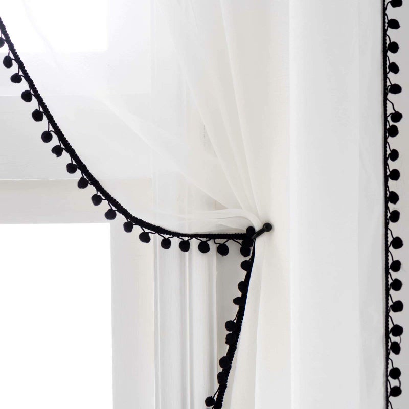 MISS SELECTEX Linen Look Pom Pom Tasseled Sheer Curtains - Rod Pocket Voile Semi-Sheer Curtains for Living and Bedroom, Set of 2 Curtain Panels (52 x 95 inch, White Sheer & Black Pom Poms) - Image 1